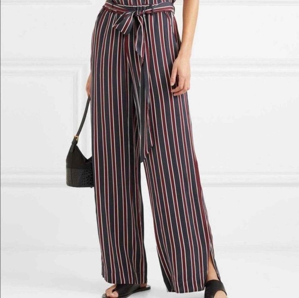 Frame Side Slit Easy Pants Navy Multi Striped Wide Leg Belted Vacation Sz M